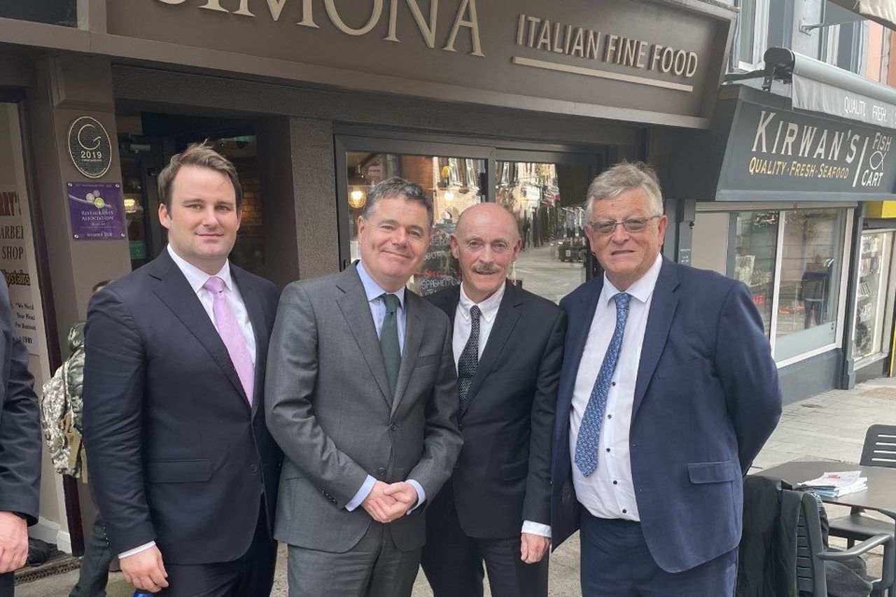 Senator John McGahon and Minister for Finance Paschal Donohoe with Dundalk Chamber members Michael Gaynor and Paddy Malone